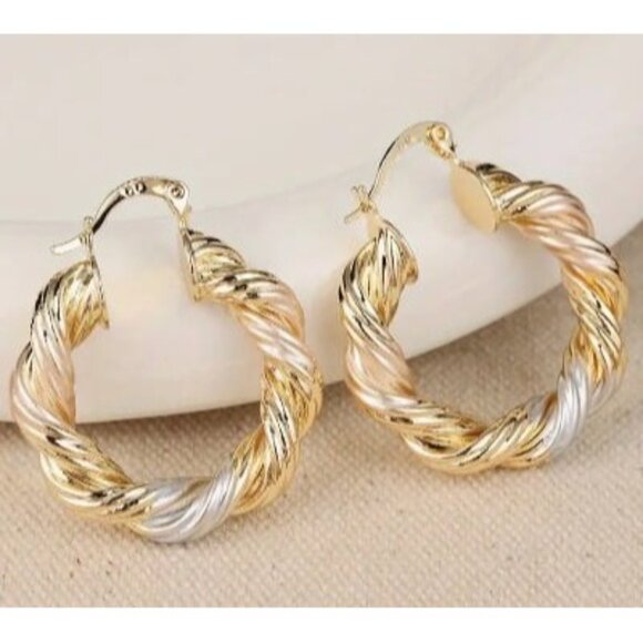 14k Gold Plated Tri-Color Metals Twisted Hoop Earrings - Picture 3 of 5
